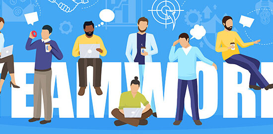 Teamwork concept with coworking and office work symbols flat vector illustration