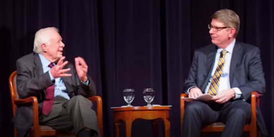 Hicks interviews President Carter at Oxford College of Emory University in 2019.