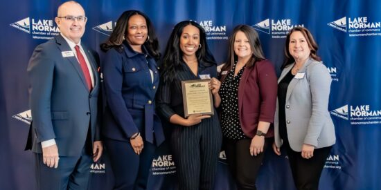 LKN Chamber recognizes 2024 ‘Educators of the Year’ Mrs. Kimberly Courtland, of Merancas Middle College High School, (center) is recognized as the 2024 Educator of the Year for Charlotte Mecklenburg Schools. Also pictured is  Chamber Chair Jeff Tarte, Jametta Martin-Tanner Principal, along with Brandi Jones co-chair of the Chamber’s Education Collaborative, and former Huntersville Mayor Melinda Bales. Photo: Ocaid Photography